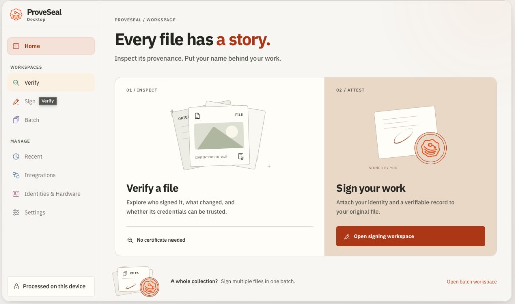 ProvSeal Desktop home with Verify and Sign entry points