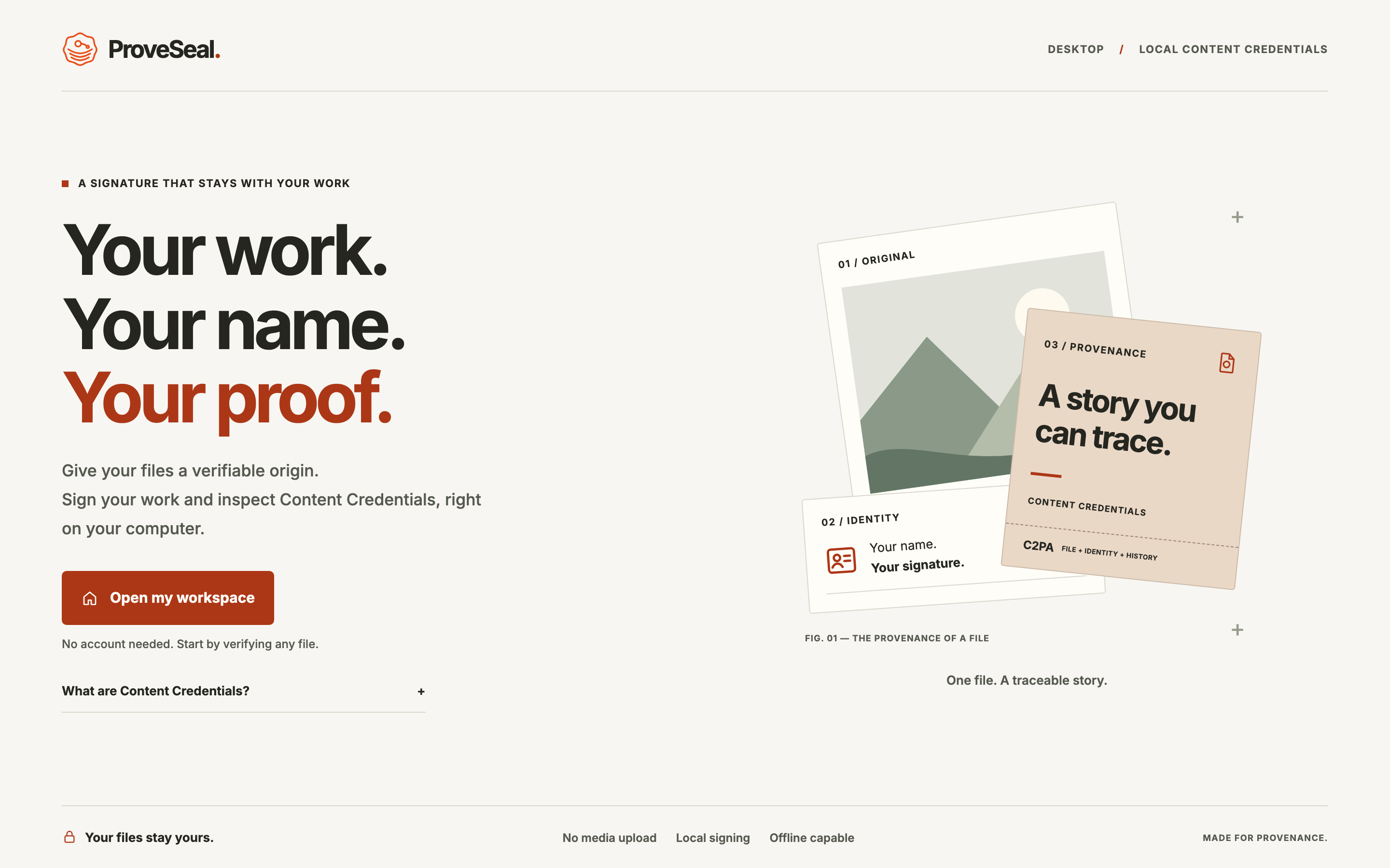 ProvSeal Desktop opening: Your work, your name, your proof — local Content Credentials