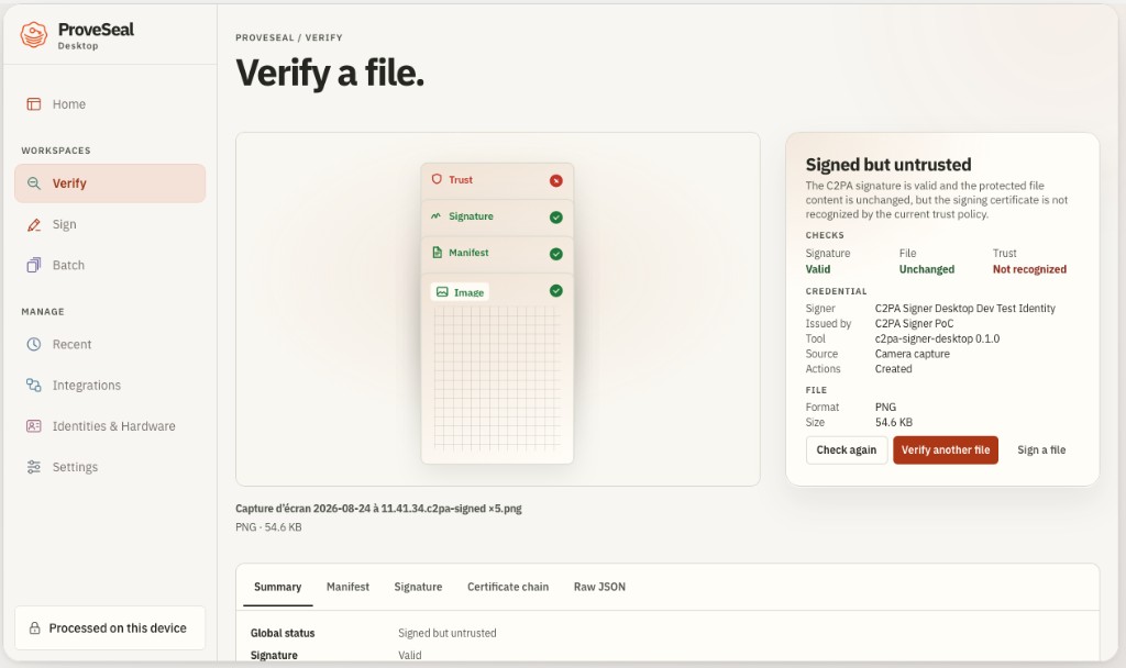 ProvSeal Desktop verify workspace with C2PA result breakdown