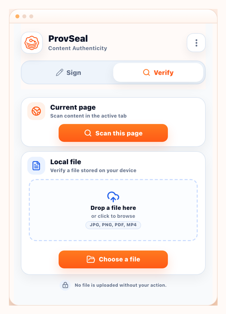C2PA Signer Chrome extension Verify tab: scan page and choose a local file