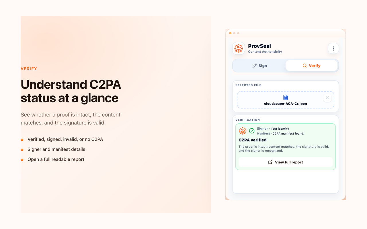 C2PA Signer verify result showing C2PA verified status and View full report