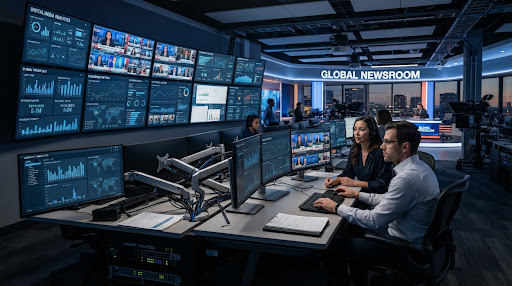 Professional newsroom setting with multiple screens for editorial review.